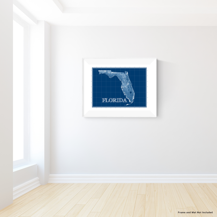 Florida state blueprint map art print designed by Maps As Art.