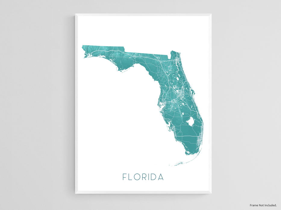 Florida state map print with a turquoise topographic design by Maps As Art.