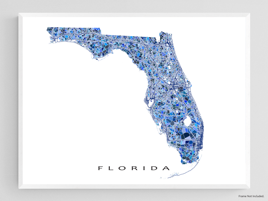 Florida state map art print in blue shapes designed by Maps As Art.