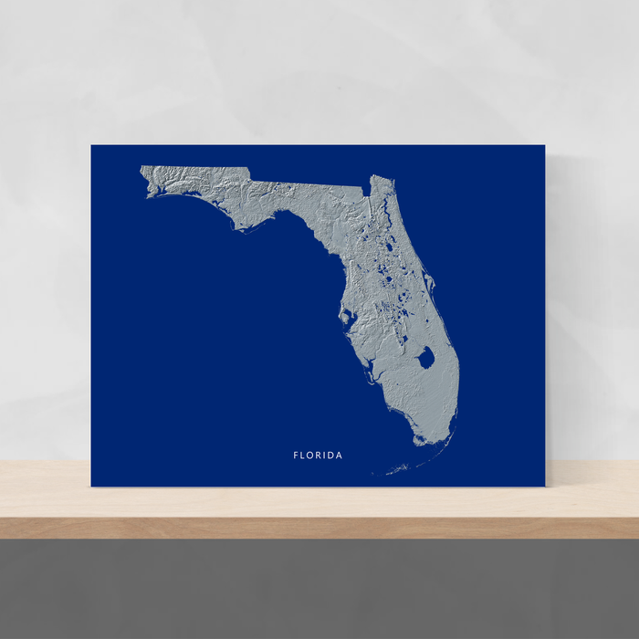 Florida state map with natural landscape in greyscale and a navy blue background designed by Maps As Art.
