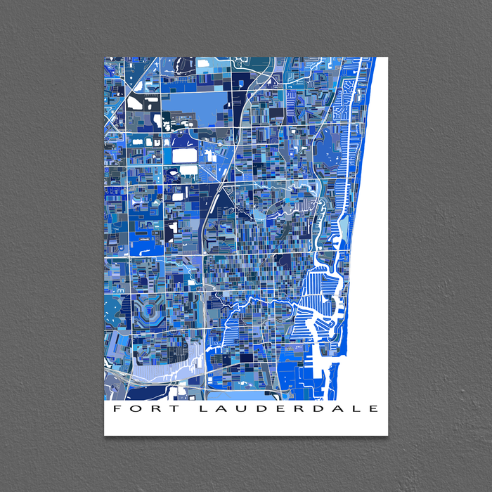 Fort Lauderdale, Florida map art print in blue shapes designed by Maps As Art.