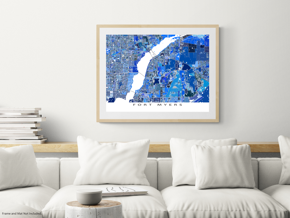 Fort Myers, Florida map art print in blue shapes designed by Maps As Art.