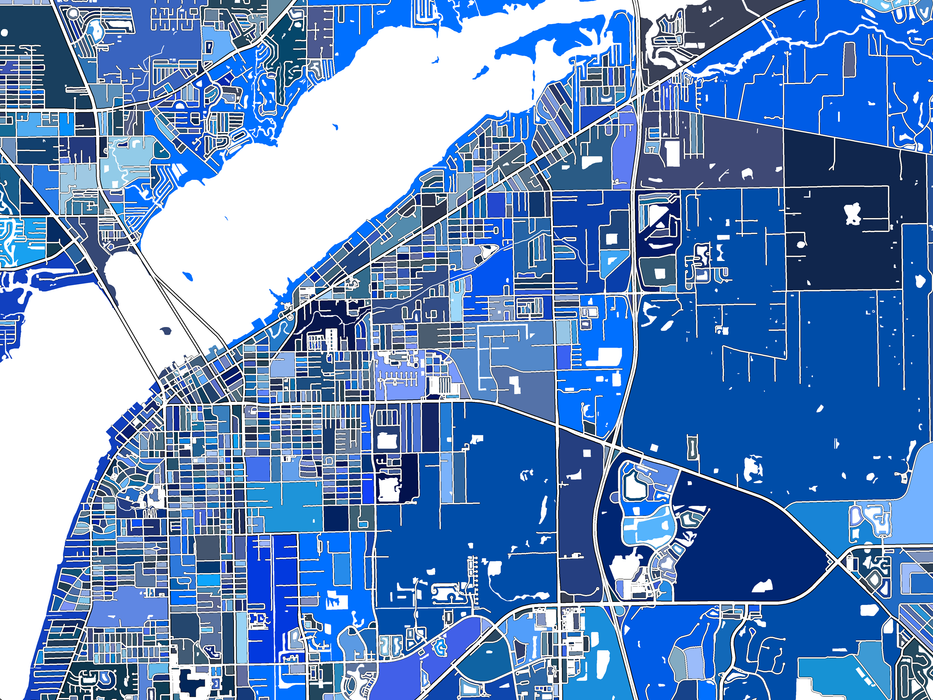 Fort Myers, Florida map art print in blue shapes designed by Maps As Art.