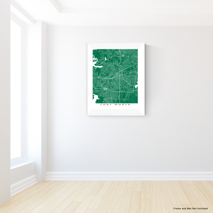 Fort Worth, Texas map print with city streets and roads in Green designed by Maps As Art.