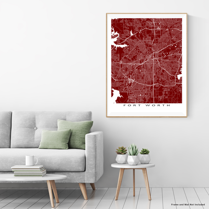 Fort Worth, Texas map print with city streets and roads in Merlot designed by Maps As Art.