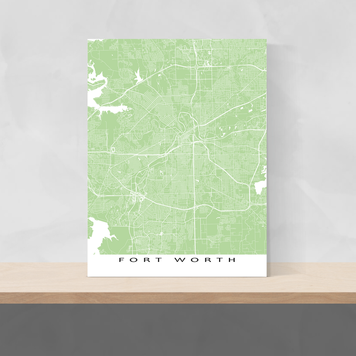 Fort Worth, Texas map print with city streets and roads in Sage designed by Maps As Art.