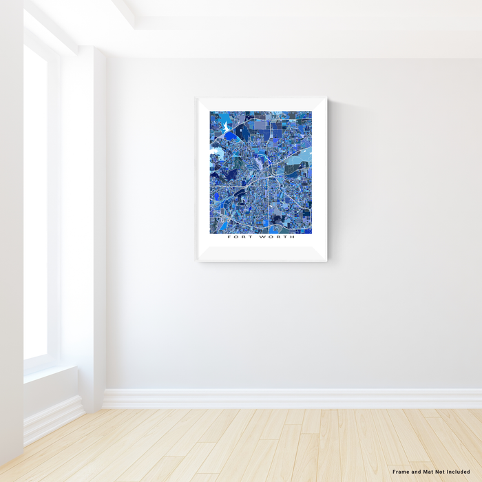 Fort Worth, Texas map art print in blue shapes designed by Maps As Art.