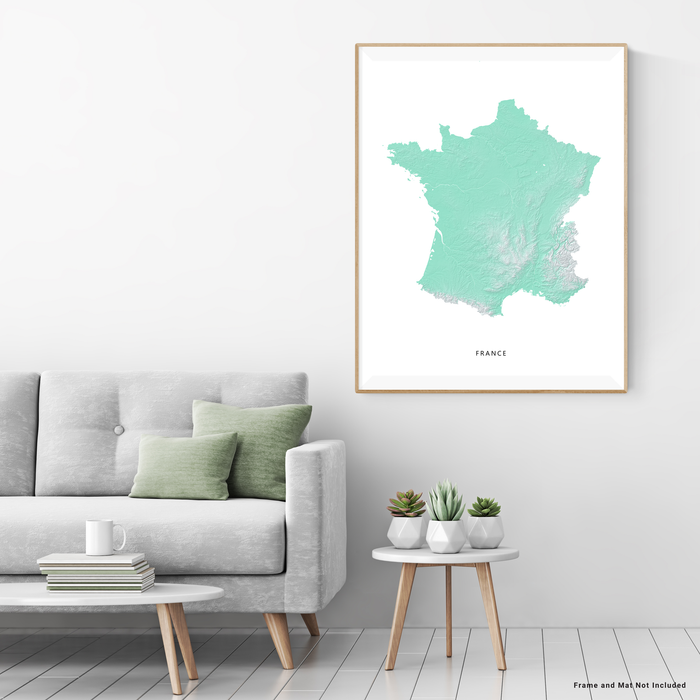 France map print with natural landscape in aqua tints designed by Maps As Art.