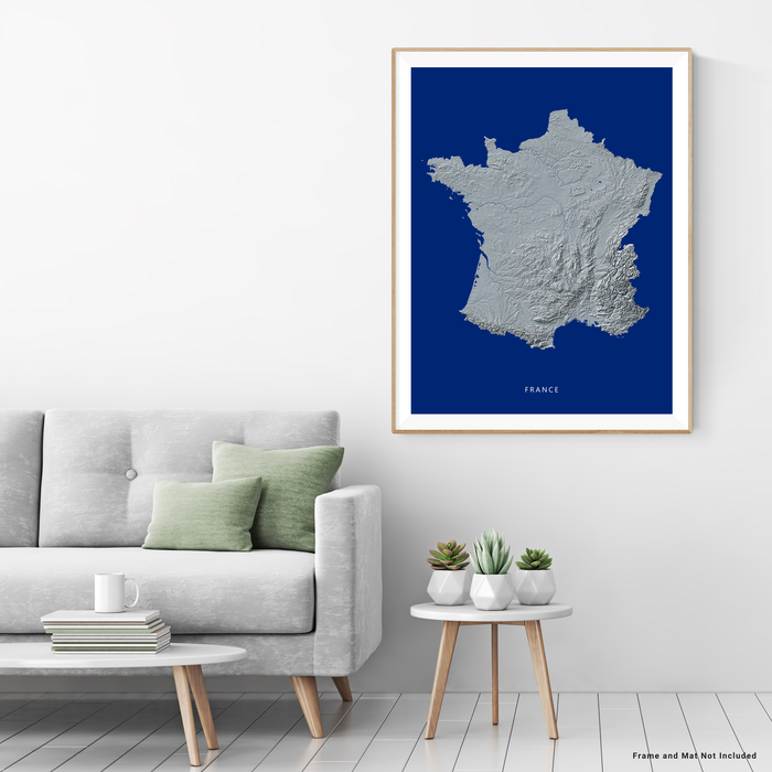 France map print with natural landscape in greyscale and a navy blue background designed by Maps As Art.