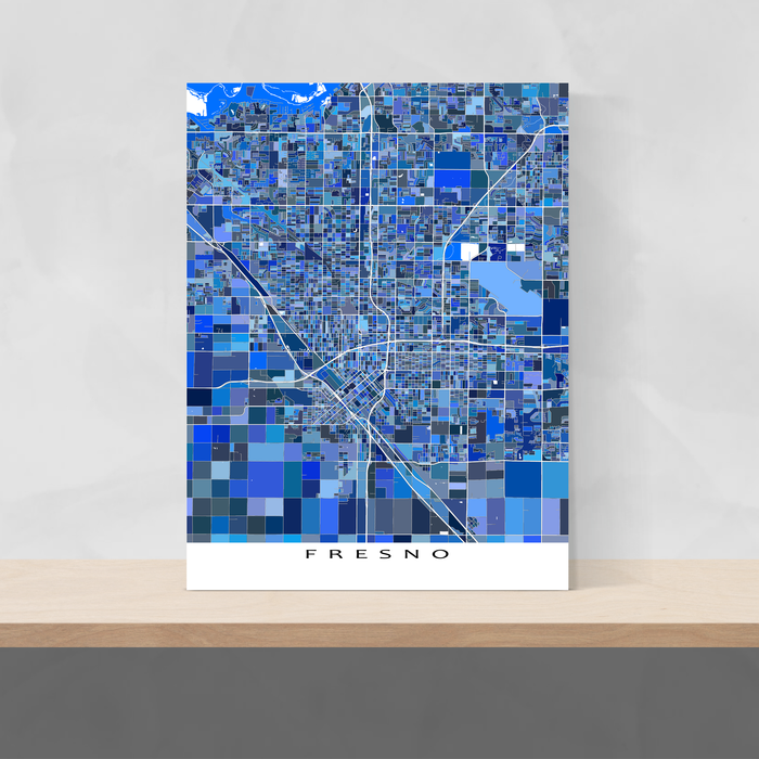 Fresno, California map art print in blue shapes designed by Maps As Art.