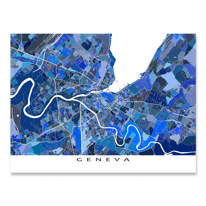 Geneva, Switzerland map art print in blue shapes designed by Maps As Art.