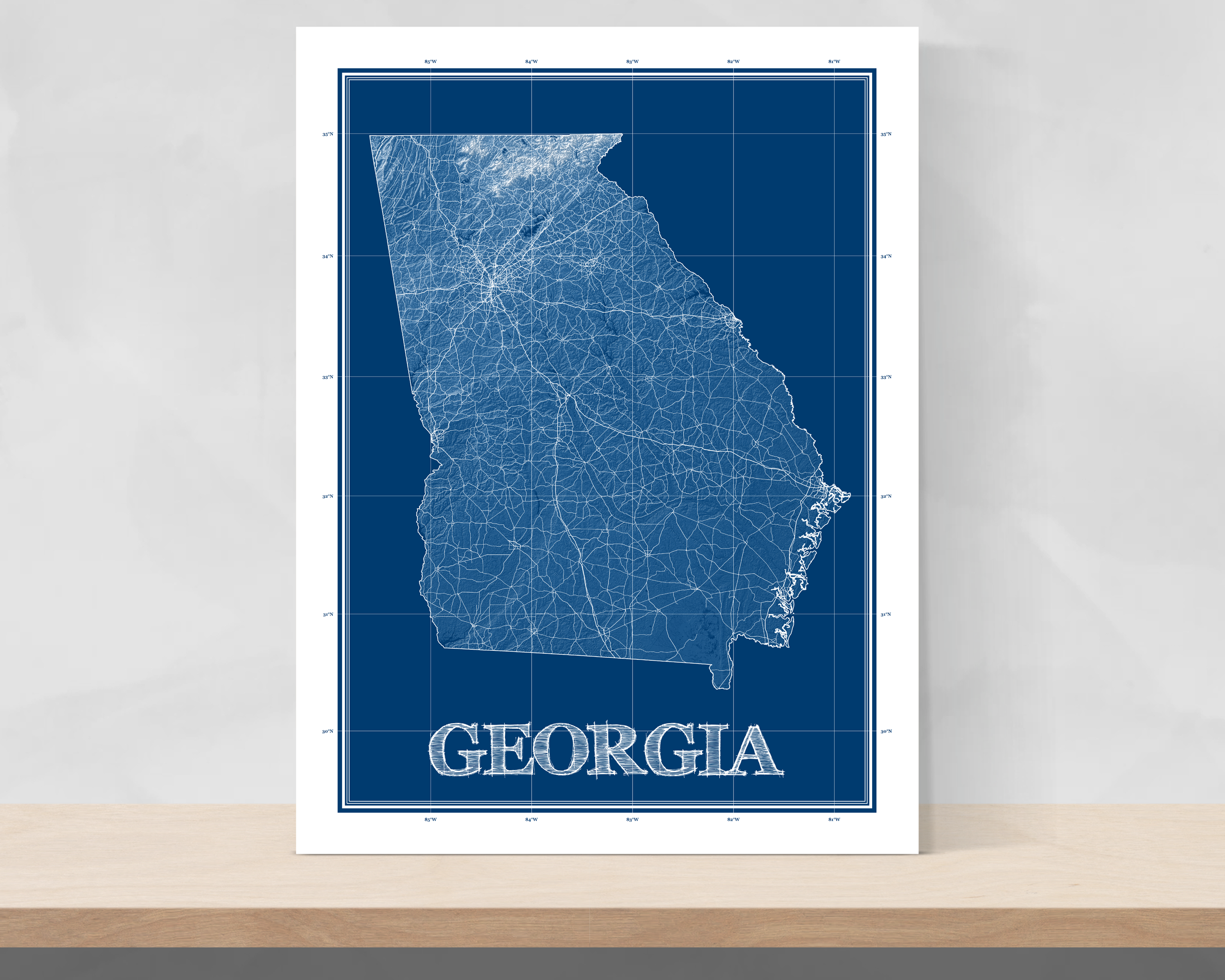 Georgia Map Wall Art Print, Blueprint Design GA State Poster Road Maps ...