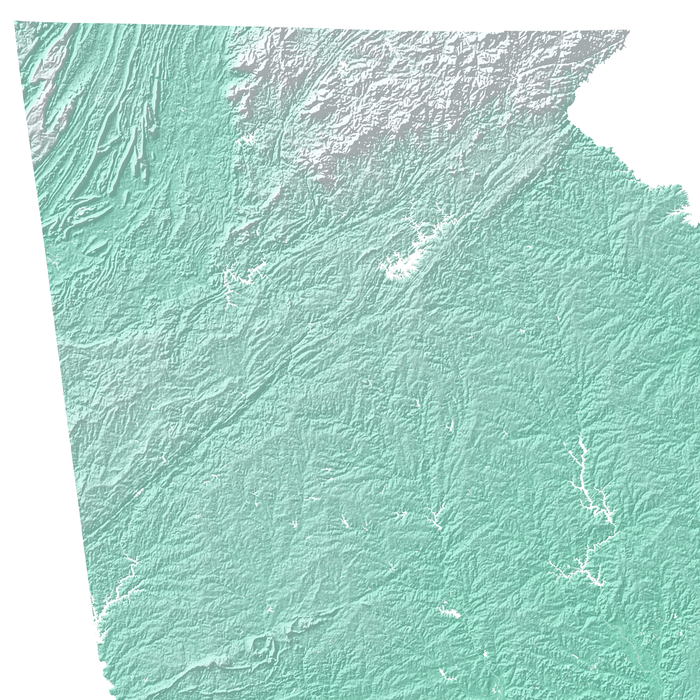 Georgia state map print with natural landscape in aqua tints designed by Maps As Art.