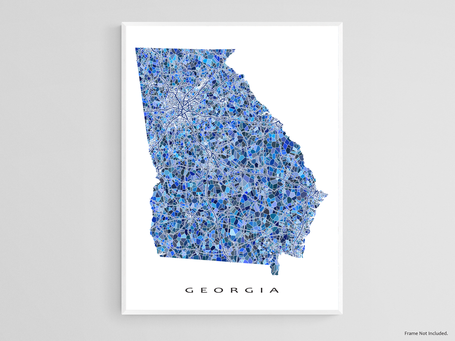 Georgia state map art print in blue shapes designed by Maps As Art.
