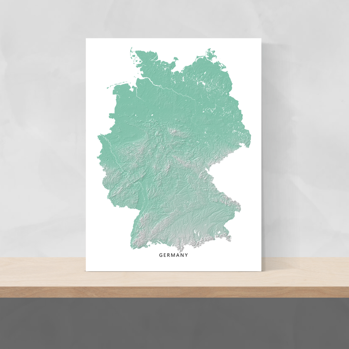 Germany map print with natural landscape in aqua tints designed by Maps As Art.