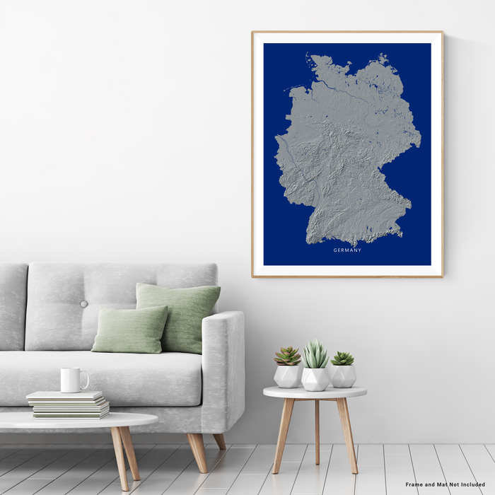 Germany map print with natural landscape in greyscale and a navy blue background designed by Maps As Art.