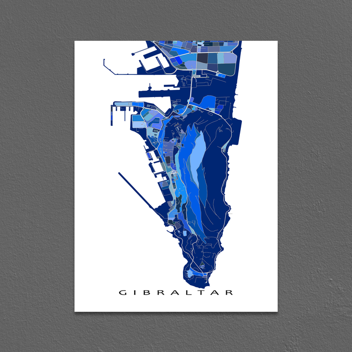 Gibraltar map art print in blue shapes designed by Maps As Art.