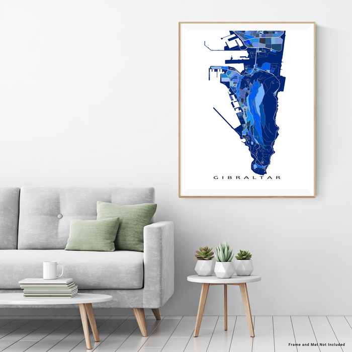 Gibraltar map art print in blue shapes designed by Maps As Art.