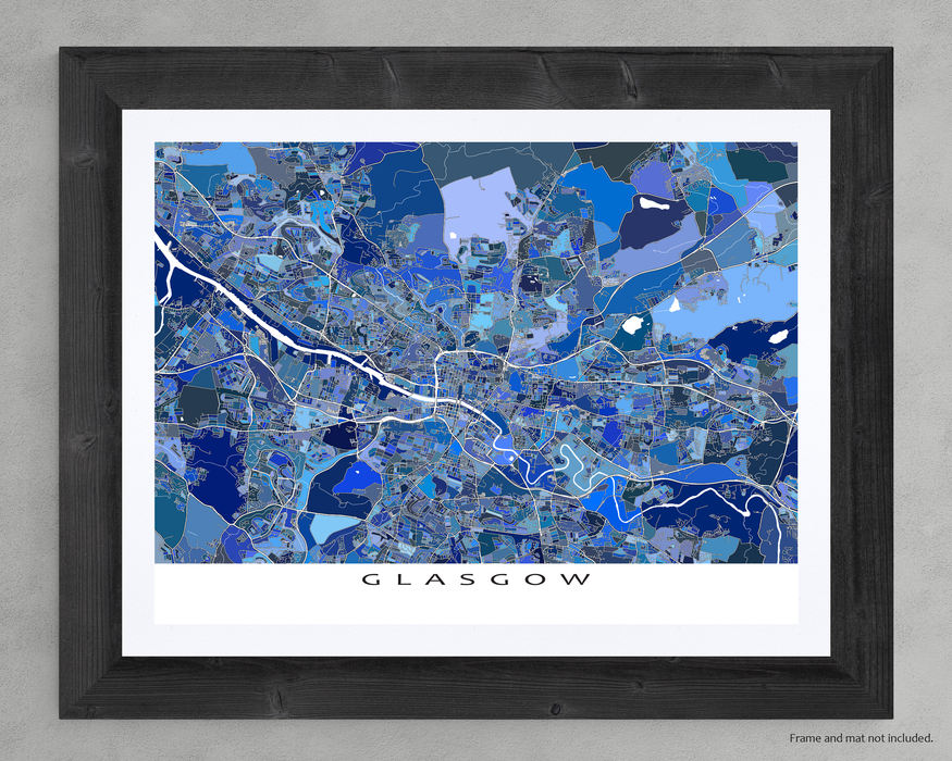 Glasgow, Scotland map art print in blue shapes designed by Maps As Art.