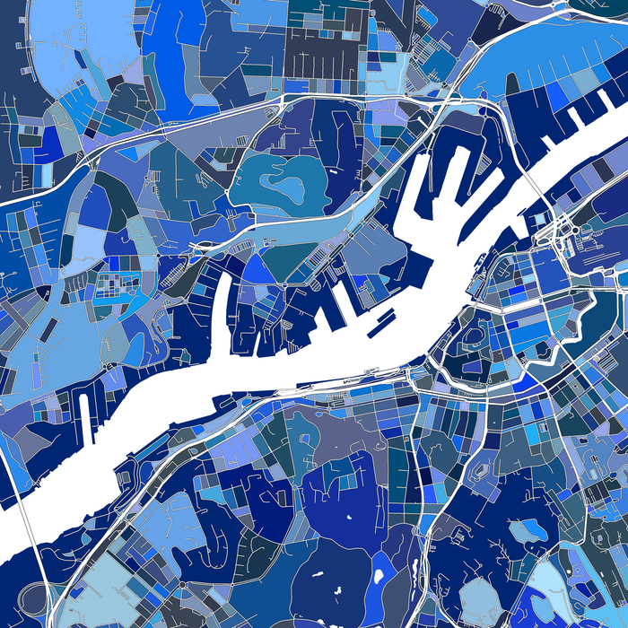 Gothenburg, Sweden map art print in blue shapes designed by Maps As Art.