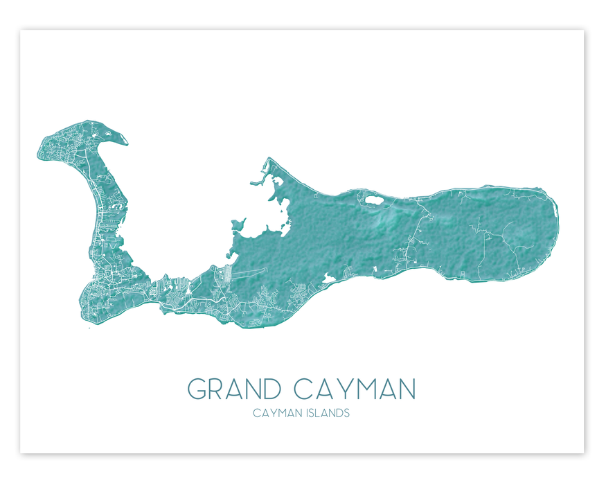 Grand Cayman island map print with a turquoise topographic design by Maps As Art.