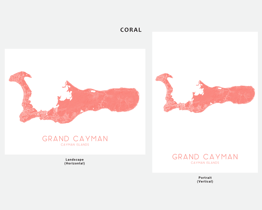Grand Cayman map print in Coral by Maps As Art.
