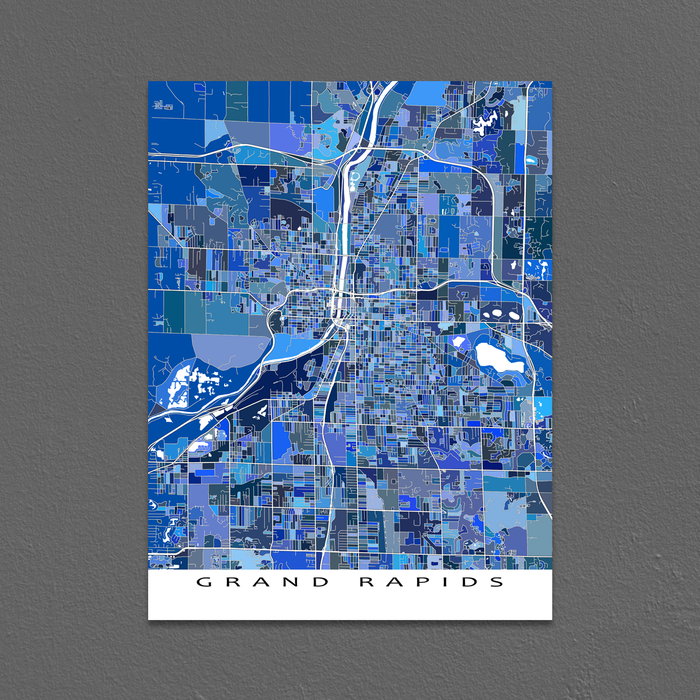 Grand Rapids, Michigan map art print in blue shapes designed by Maps As Art.