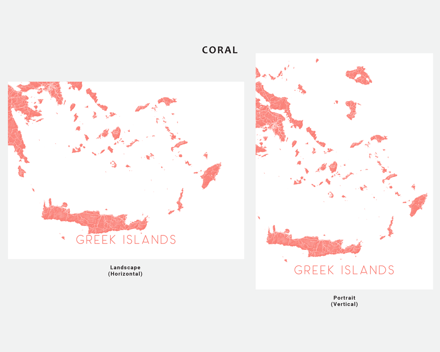 Greek Islands map print in Coral by Maps As Art.