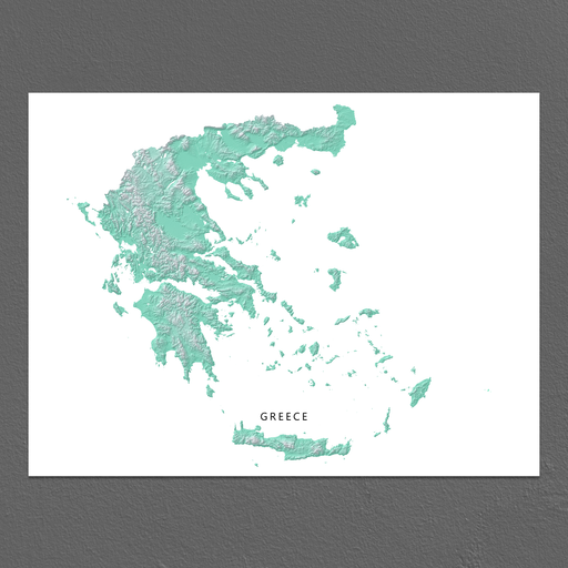 Greece map print with natural landscape in aqua tints designed by Maps As Art.
