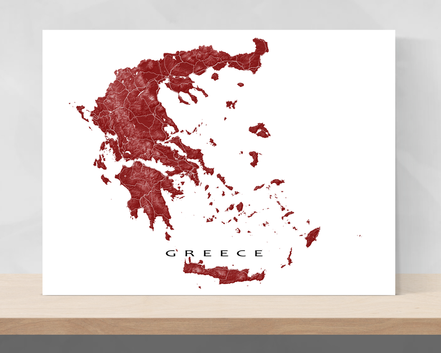 Greece map print with natural landscape and main roads designed by Maps As Art.