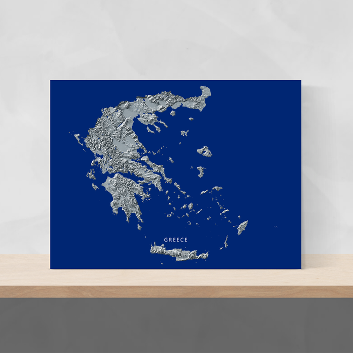 Greece map print with natural landscape in greyscale and a navy blue background designed by Maps As Art.