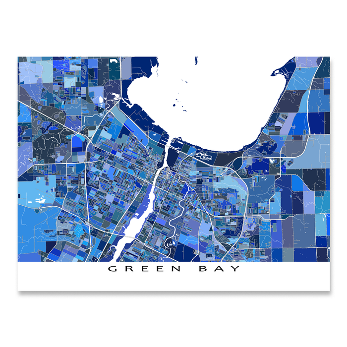 Green Bay, Wisconsin map art print in blue shapes designed by Maps As Art.