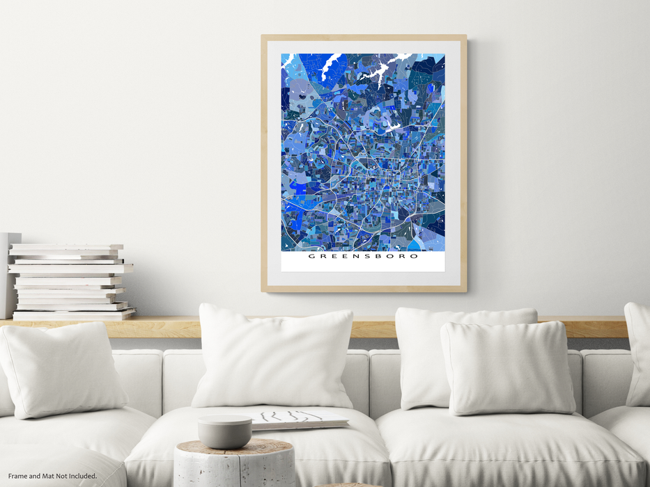 Greensboro, North Carolina map art print in blue shapes designed by Maps As Art.
