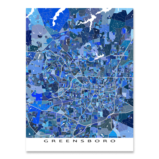 Greensboro, North Carolina map art print in blue shapes designed by Maps As Art.