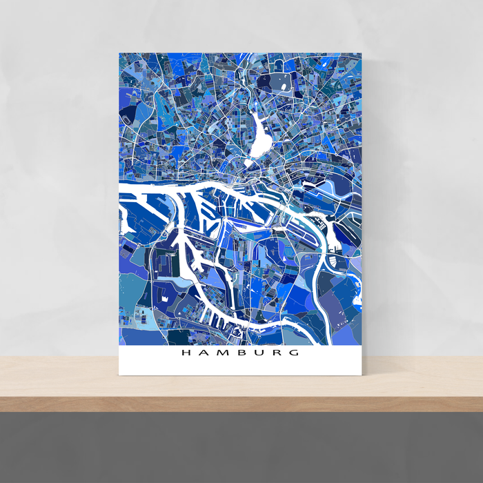 Hamburg, Germany map art print in blue shapes designed by Maps As Art.