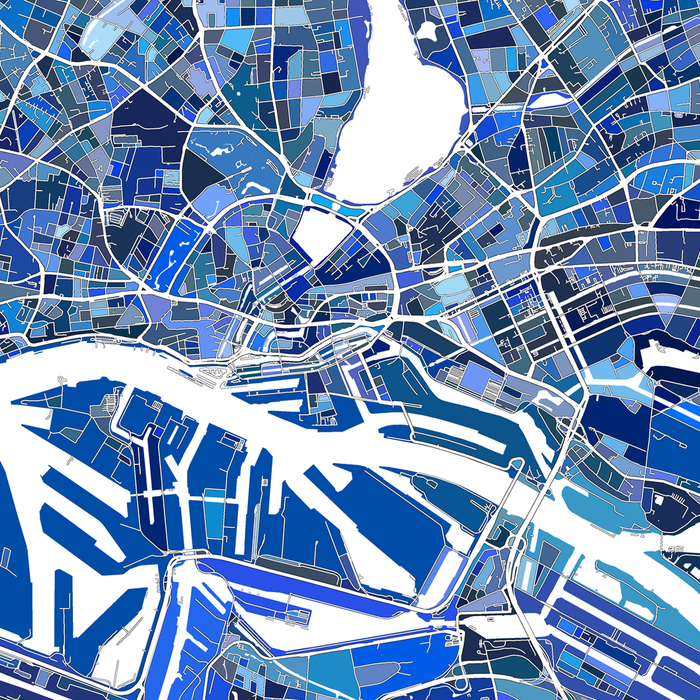 Hamburg, Germany map art print in blue shapes designed by Maps As Art.
