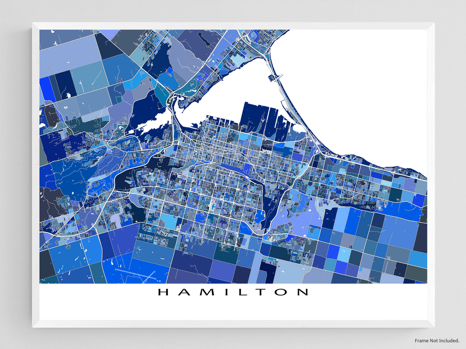Hamilton, Canada map art print in blue shapes designed by Maps As Art.