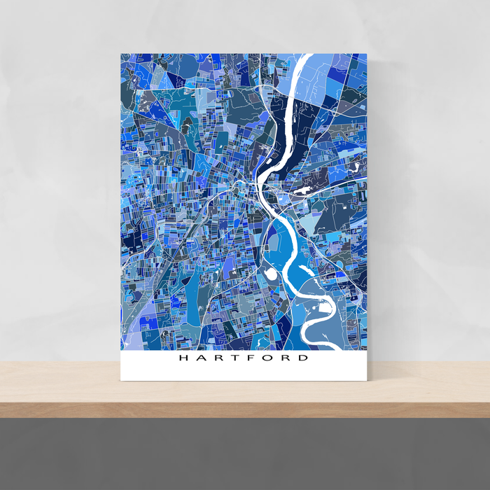 Hartford, Connecticut map art print in blue shapes designed by Maps As Art.