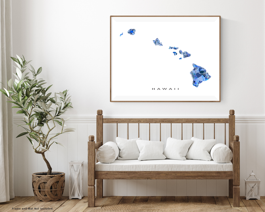 Hawaii map art print in blue shapes designed by Maps As Art.