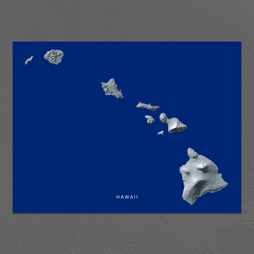 Hawaii map print with natural island landscape in greyscale and a navy blue background designed by Maps As Art.