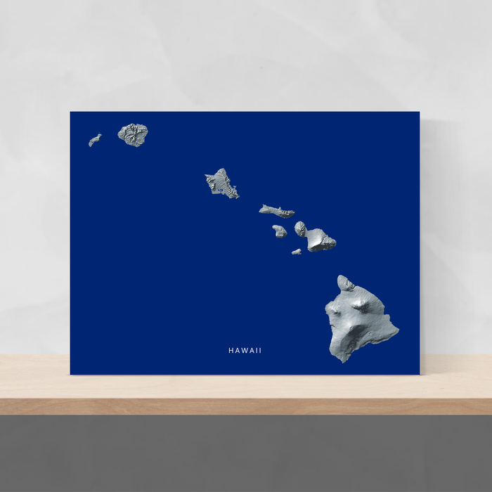 Hawaii map print with natural island landscape in greyscale and a navy blue background designed by Maps As Art.