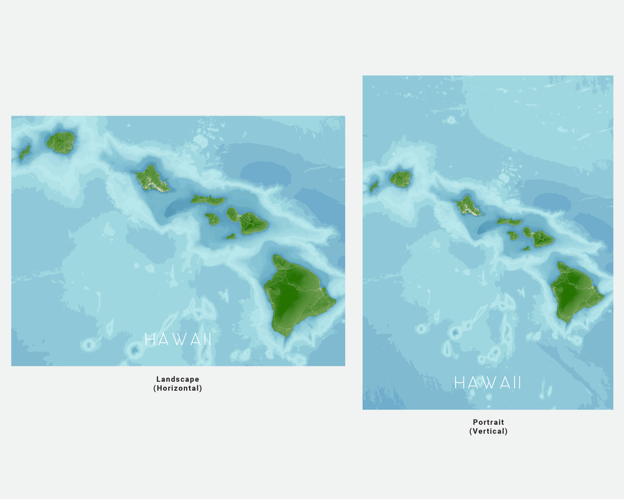 Hawaiian islands map print with a tropical 3D landscape design by Maps As Art.Hawaiian islands map print with a tropical 3D landscape design by Maps As Art.