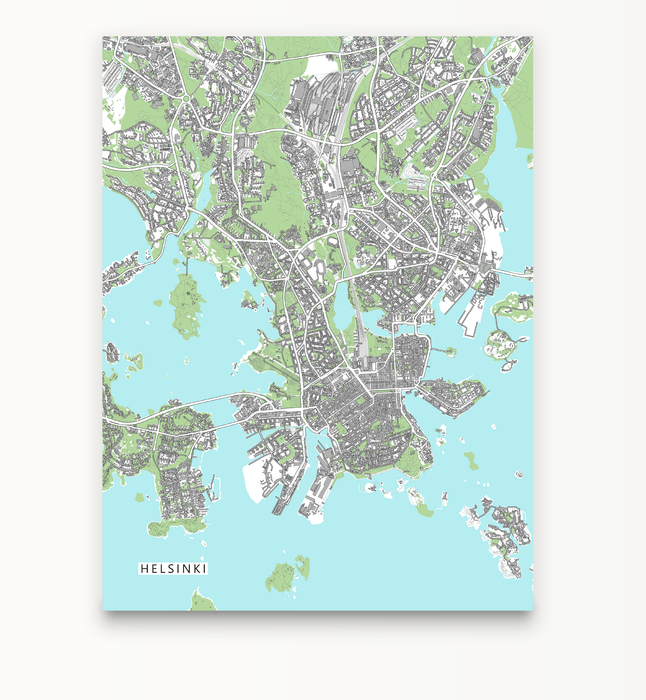 Helsinki, Finland map art print with city streets and buildings designed by Maps As Art.
