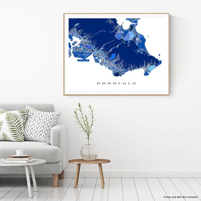 Honolulu, Oahu, Hawaii map art print in blue shapes designed by Maps As Art.