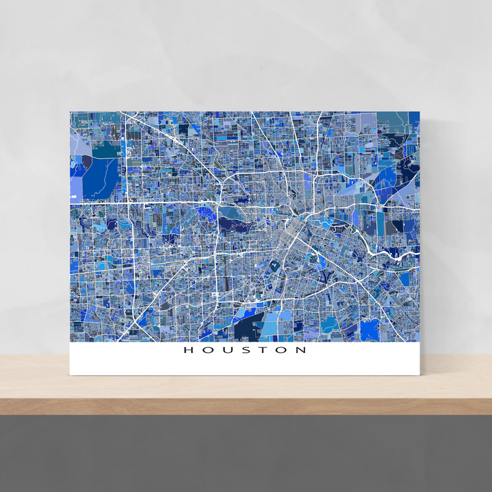 Houston, Texas map art print in blue shapes designed by Maps As Art.