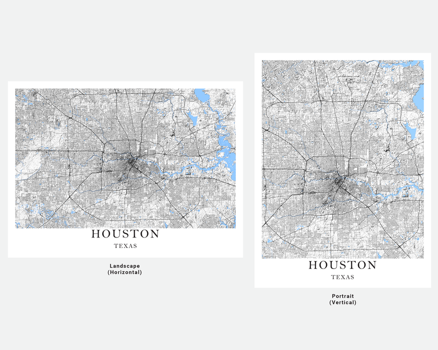 Black and White Houston, Texas map art print designed by Maps As Art.