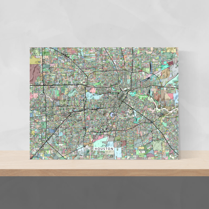 Houston, Texas map art print in colorful shapes designed by Maps As Art.