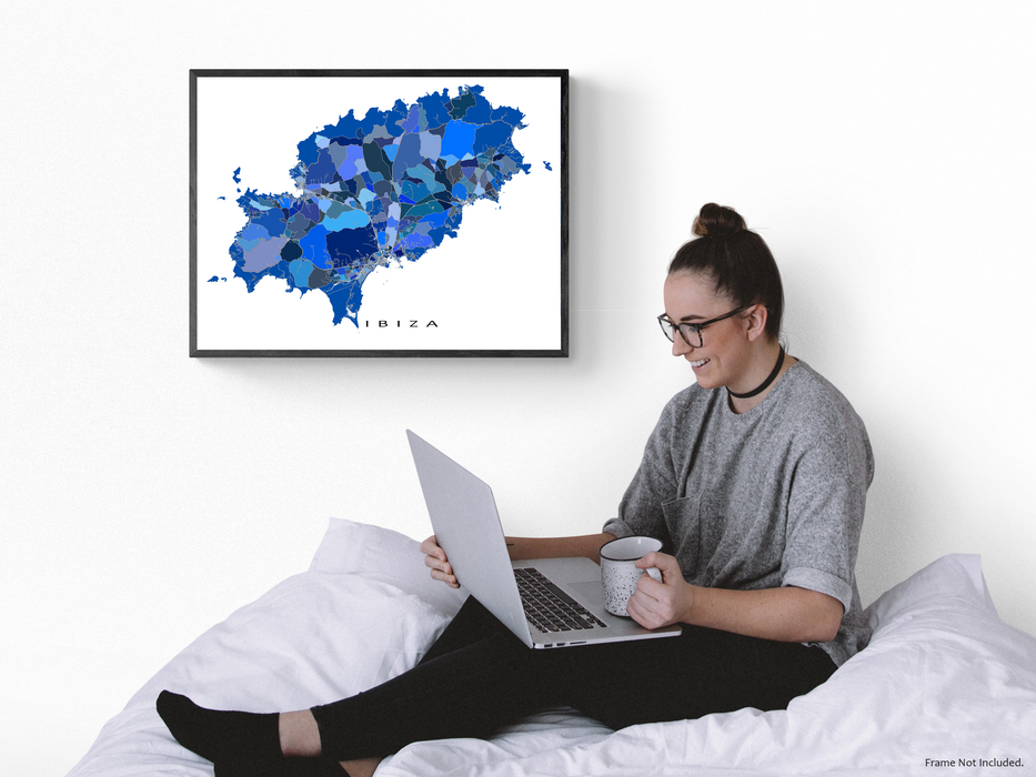 Ibiza, Spain map art print in blue shapes designed by Maps As Art.