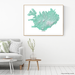 Iceland map print with natural landscape in aqua tints designed by Maps As Art.