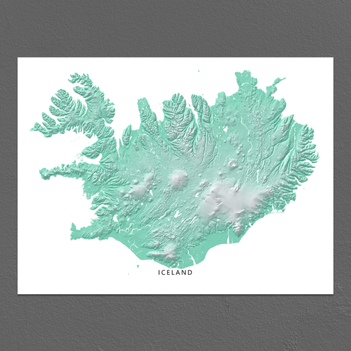 Iceland map print with natural landscape in aqua tints designed by Maps As Art.